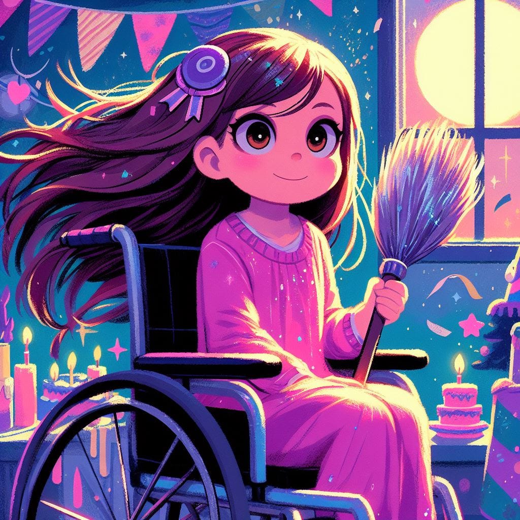 Illustrazione del capitolo: Carolina tiene una scopa scintillante alla sua festa di compleanno, tra torte e candeline.