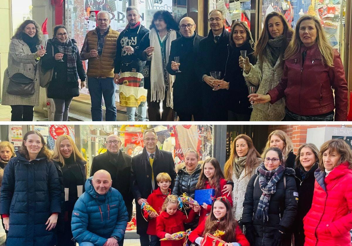 Fotomontaggio: in alto, un gruppo brinda davanti a una vetrina; in basso, foto di gruppo con bambini vestiti di rosso e una bambina in sedia a rotelle.