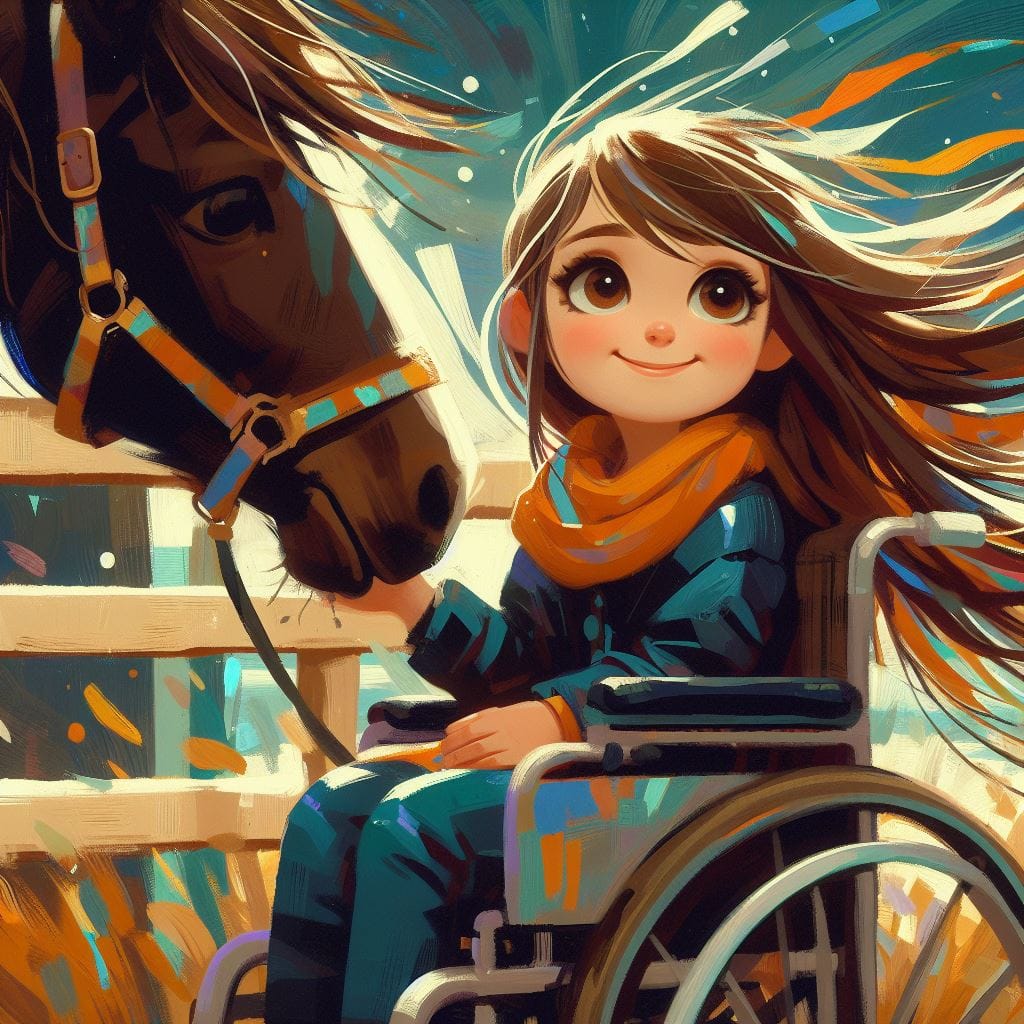 Illustrazione del capitolo: Carolina accarezza il muso di un cavallo dalla sua sedia a rotelle.
