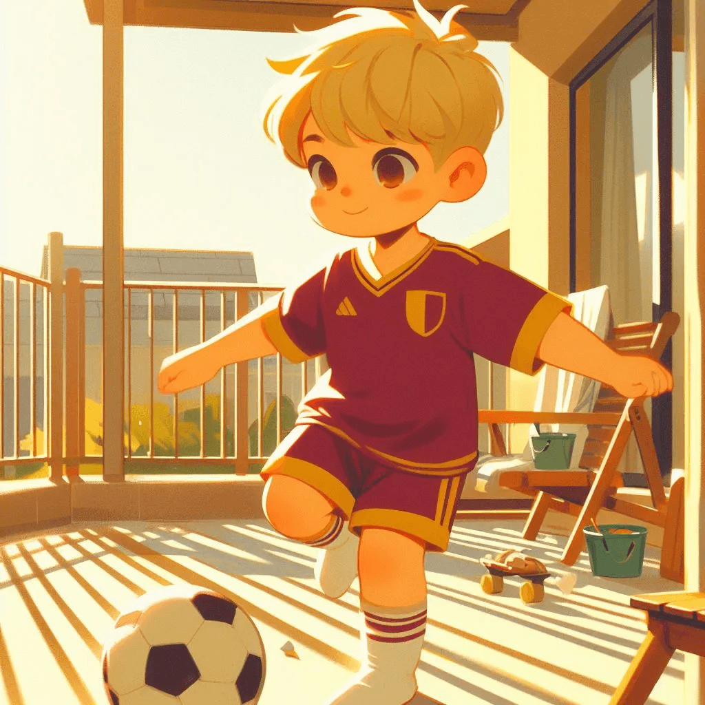 Illustrazione del capitolo: Juanma, con la sua divisa da calcio, gioca con il pallone in terrazza.