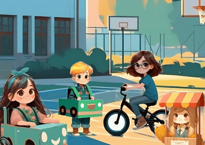 Illustrazione del capitolo: i fratelli preparano le loro auto di cartone nel cortile della scuola.