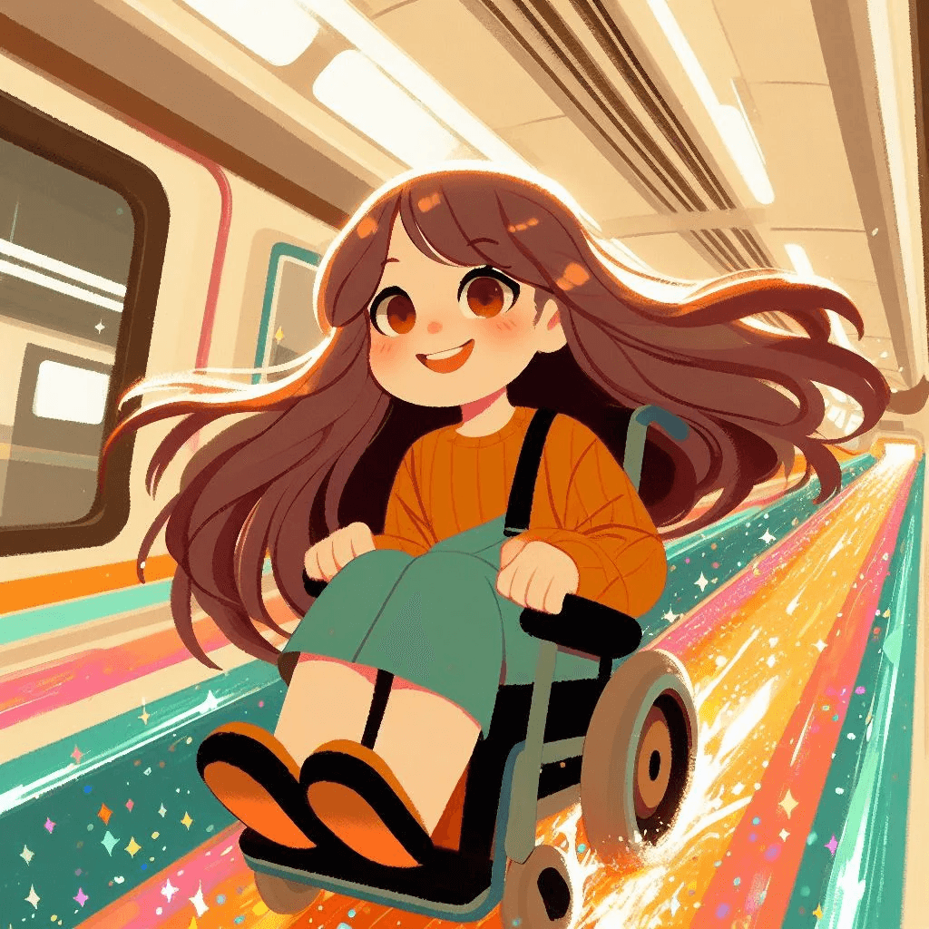 Illustrazione del capitolo: Carolina scende a tutta velocità una rampa colorata nella metropolitana.