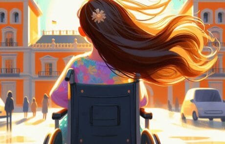 Illustrazione del capitolo: Carolina, di spalle e sulla sua sedia a rotelle, contempla il palazzo.