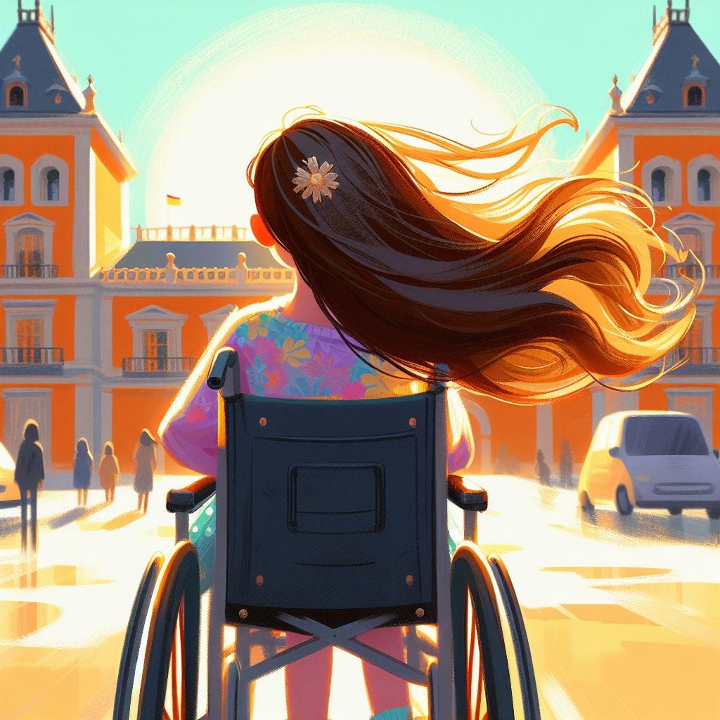 Illustrazione del capitolo: Carolina, di spalle e sulla sua sedia a rotelle, contempla il palazzo.