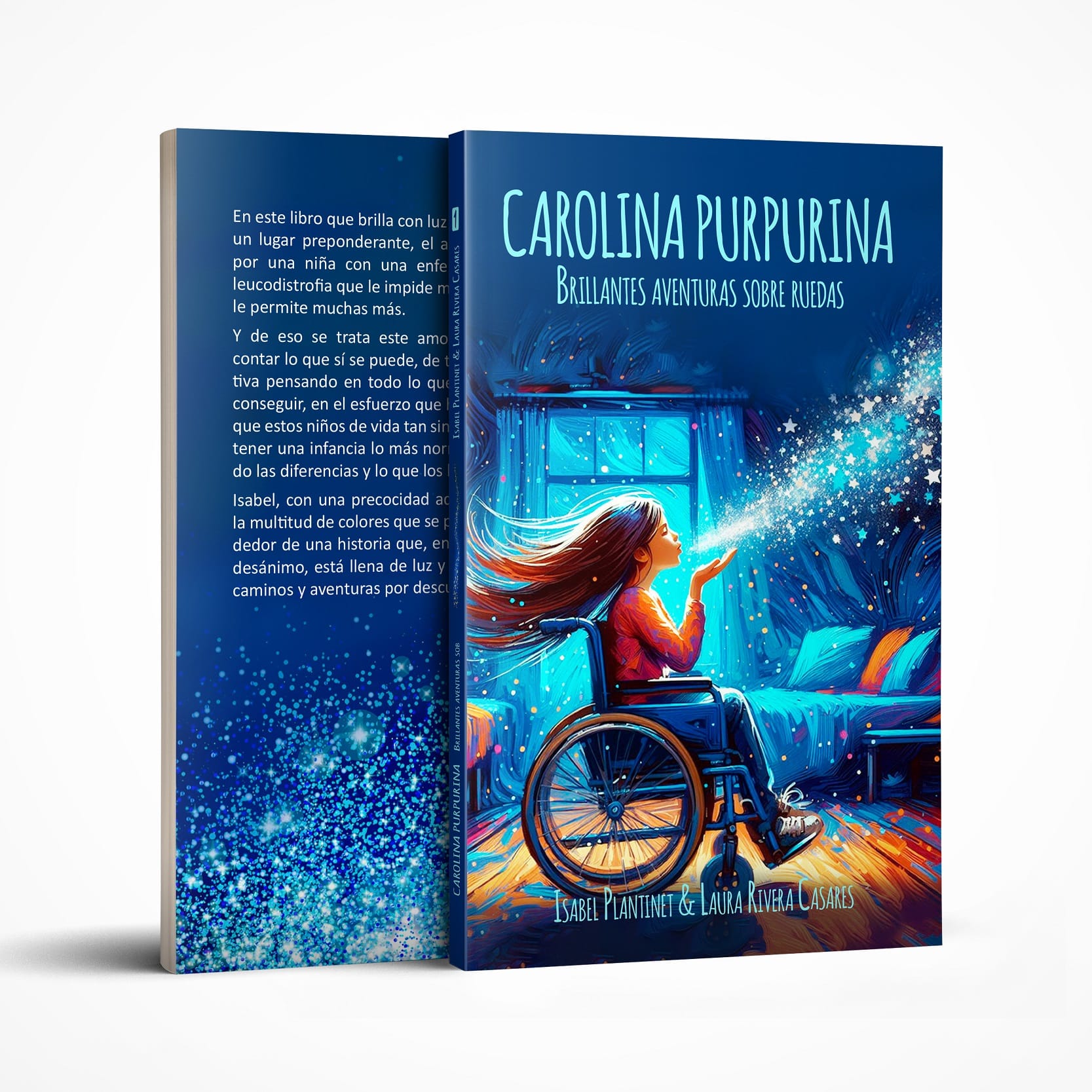 Fotomontaggio del libro «Carolina Purpurina. Brillantes aventuras sobre ruedas», con la copertina e la quarta di copertina.