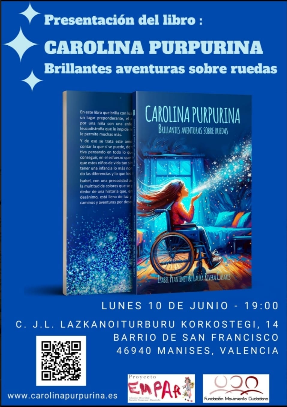 Locandina della presentazione del libro a Manises, Valencia, lunedì 10 giugno alle 19:00, con la copertina in primo piano.