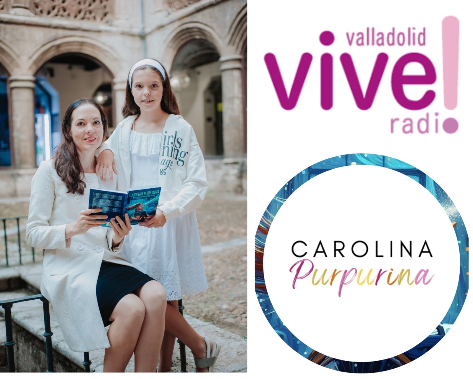 Una donna e una bambina tengono il libro aperto in un chiostro, accanto al logo di Vive! Radio Valladolid.