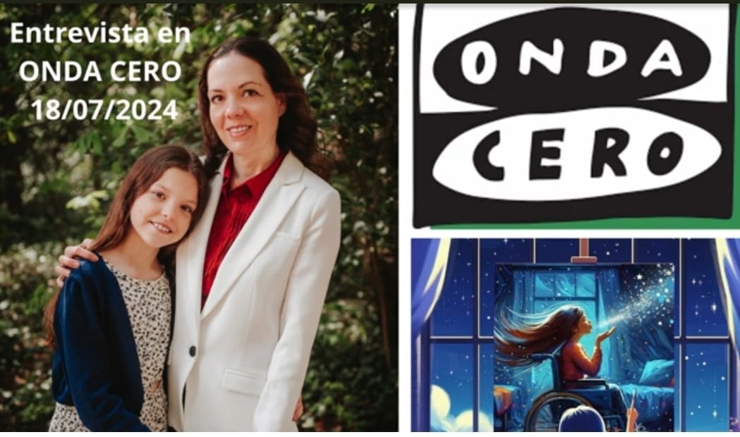 Fotomontaggio dell'annuncio dell'intervista su Onda Cero: una donna abbraccia una bambina, accanto al logo e alla copertina del libro.