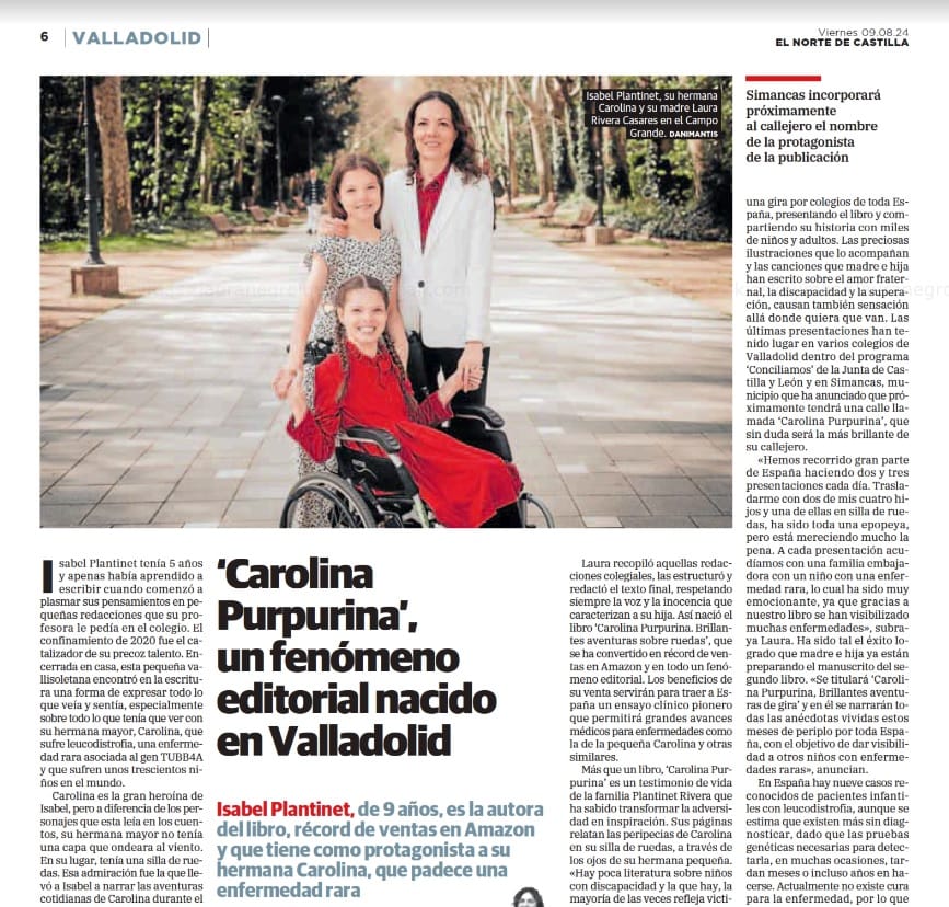 Pagina del quotidiano El Norte de Castilla sul successo editoriale di «Carolina Purpurina», con una foto di famiglia.