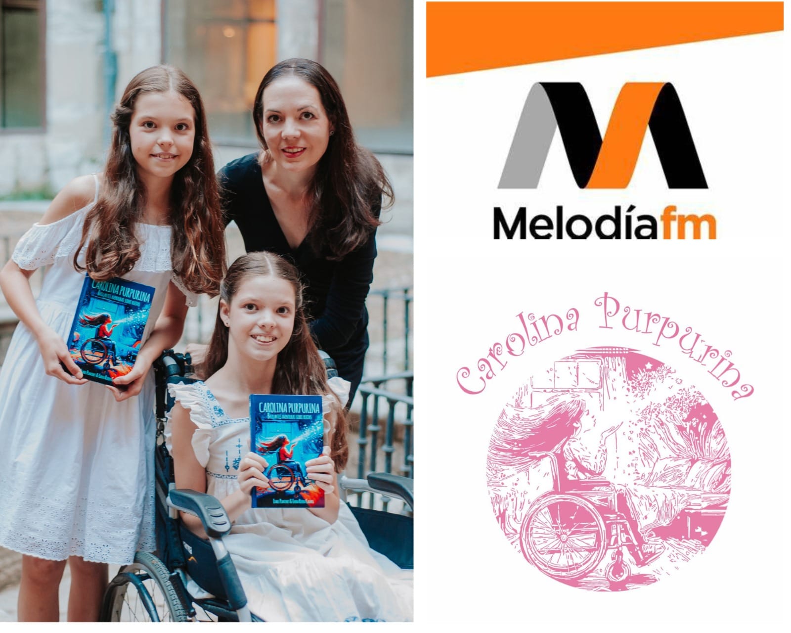 Fotomontaggio: due bambine, una in sedia a rotelle, mostrano il libro accanto a una donna e al logo di Melodía fm.