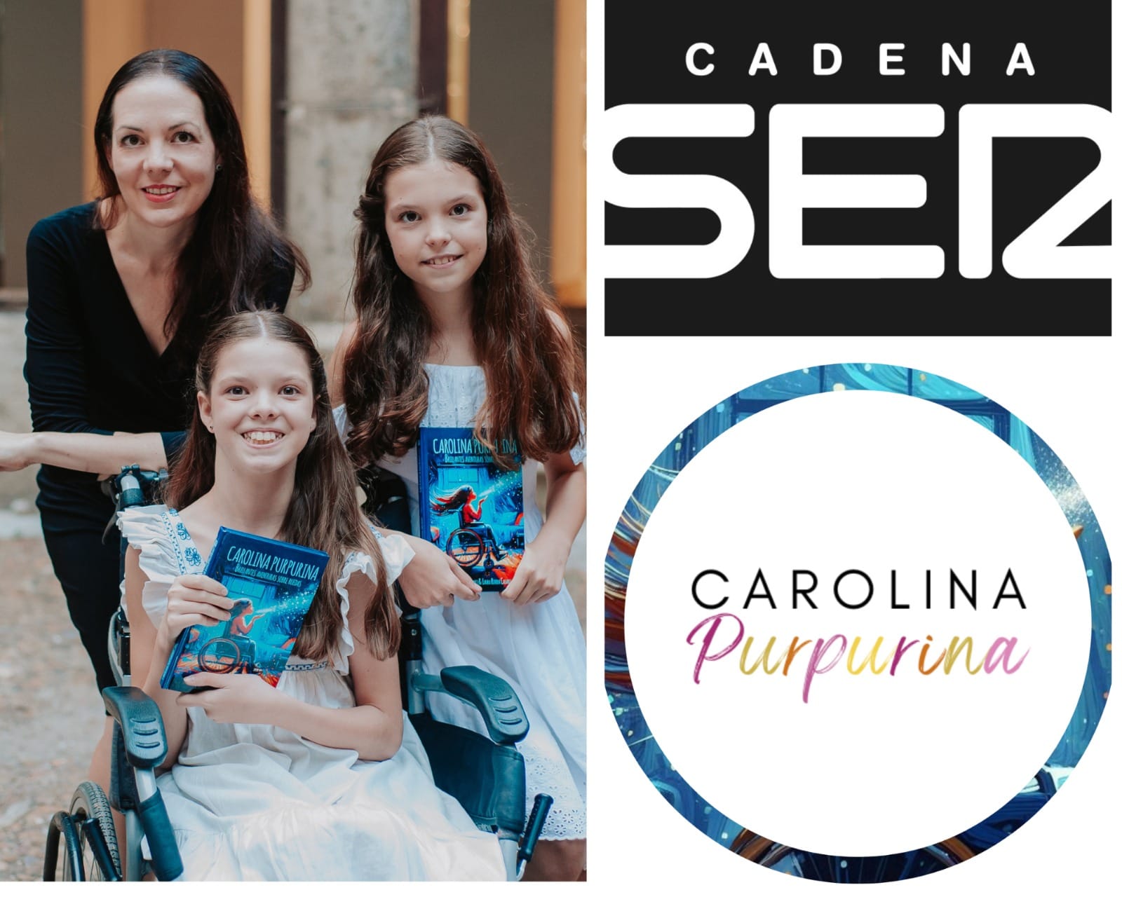 Fotomontaggio: due bambine, una in sedia a rotelle, tengono il libro «Carolina Purpurina» accanto al logo della Cadena SER.
