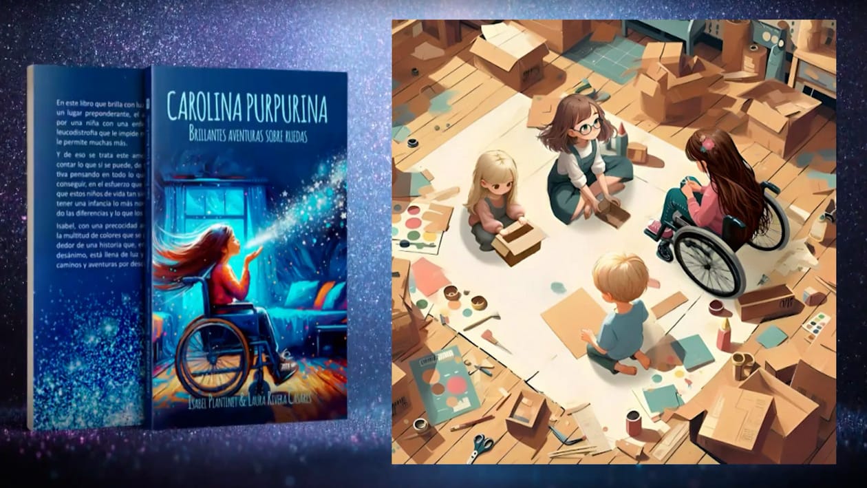 Schermo televisivo: copertina di «Carolina Purpurina» e illustrazione di bambini che giocano con delle scatole, una in sedia a rotelle.