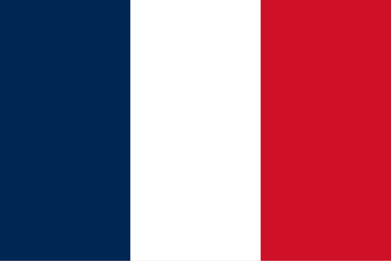 Bandiera della Francia: tre bande verticali blu, bianca e rossa.