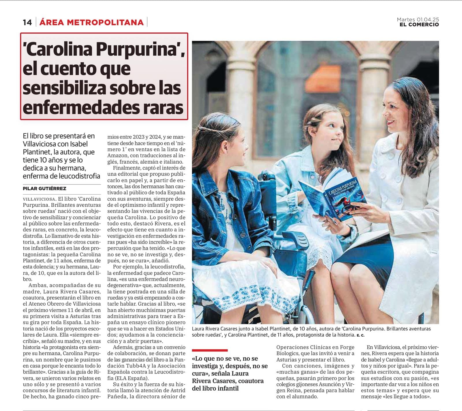 Articolo del quotidiano El Comercio su Carolina Purpurina, con una fotografia delle due sorelle e della madre che leggono il libro.