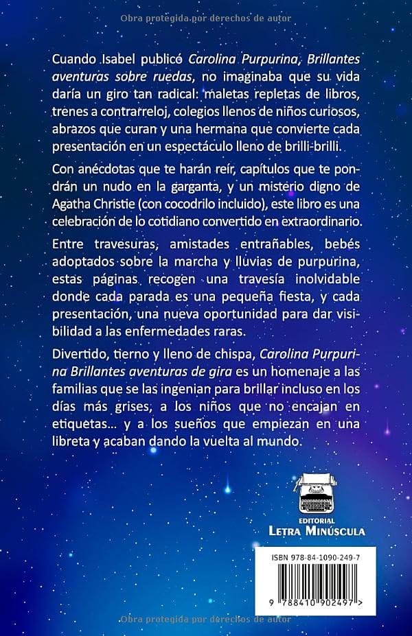 Quarta di copertina di «Carolina Purpurina. Brillantes aventuras de gira», con la sinossi del tour del libro.