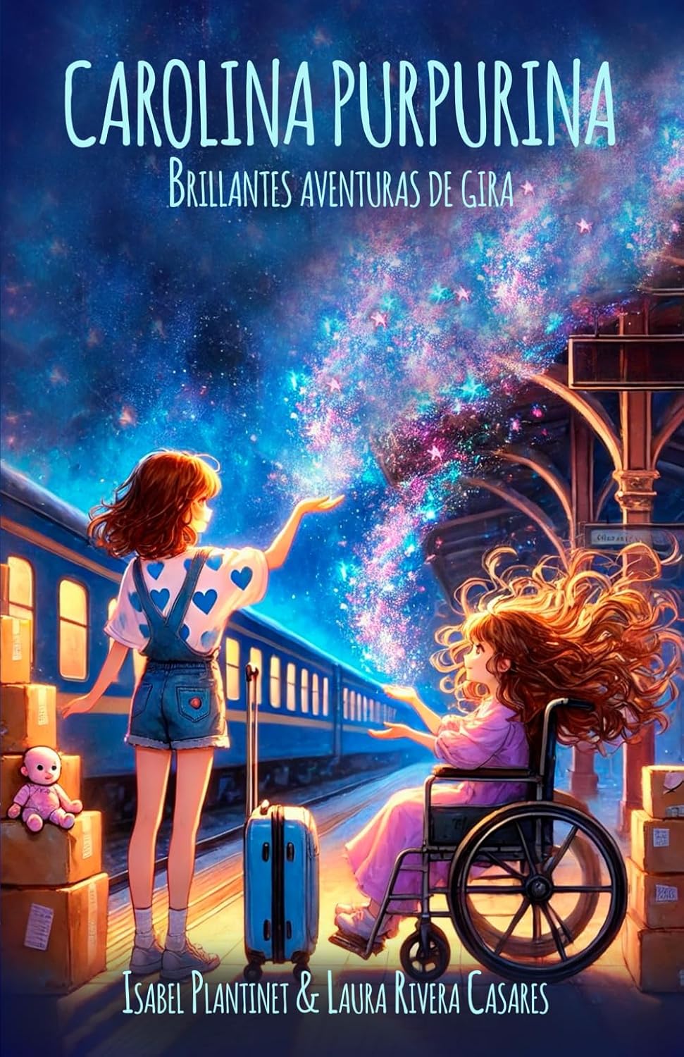 Copertina di «Carolina Purpurina. Brillantes aventuras de gira»: due sorelle sulla banchina di una stazione tra il glitter.