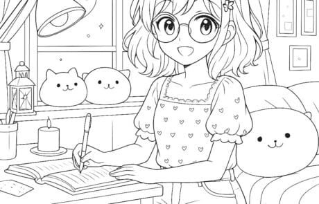 Disegno da colorare: Isabel scrive sul suo quaderno di notte, accanto alla lampada da tavolo e ai suoi cuscini.