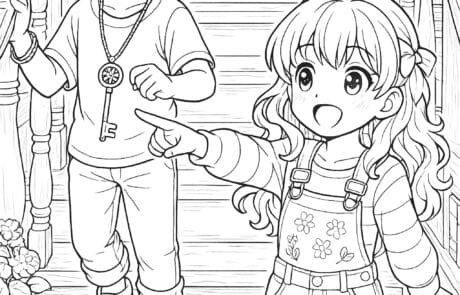 Disegno da colorare: un bambino con una grande chiave al collo e María che indica, sulla scala di legno.