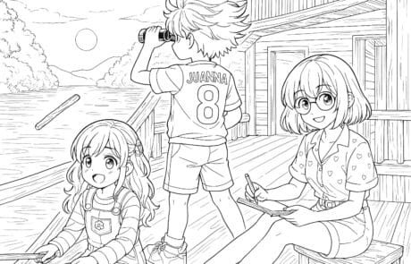 Disegno da colorare: i fratelli su un pontile; Juanma guarda con il binocolo e Isabel scrive sul suo quaderno.