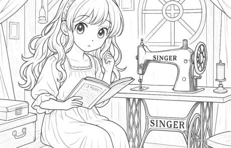 Disegno da colorare: Carolina legge un libro in soffitta, accanto a una vecchia macchina da cucire.