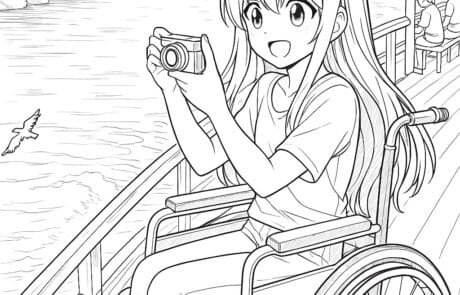 Disegno da colorare: Carolina scatta una foto con la sua macchina fotografica dal pontile, con un gabbiano sullo sfondo.