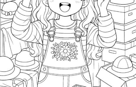 Disegno da colorare: María prova un cappello a fiori in una soffitta piena di cappelliere.