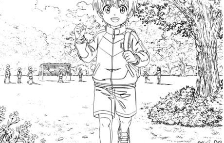 Disegno da colorare: Juanma corre nel parco con il suo zaino, con una porta da calcio sullo sfondo.