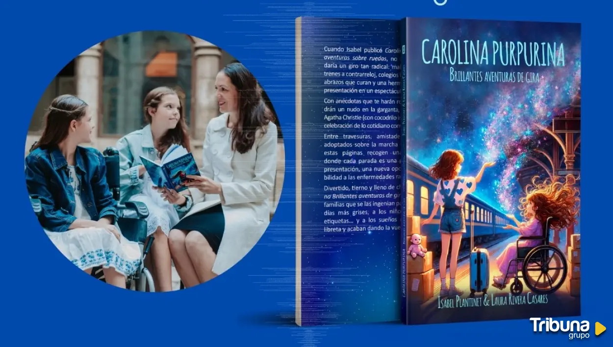 Fotomontaggio del libro «Brillantes aventuras de gira» accanto a una foto di una donna e due bambine che lo leggono, una in sedia a rotelle.
