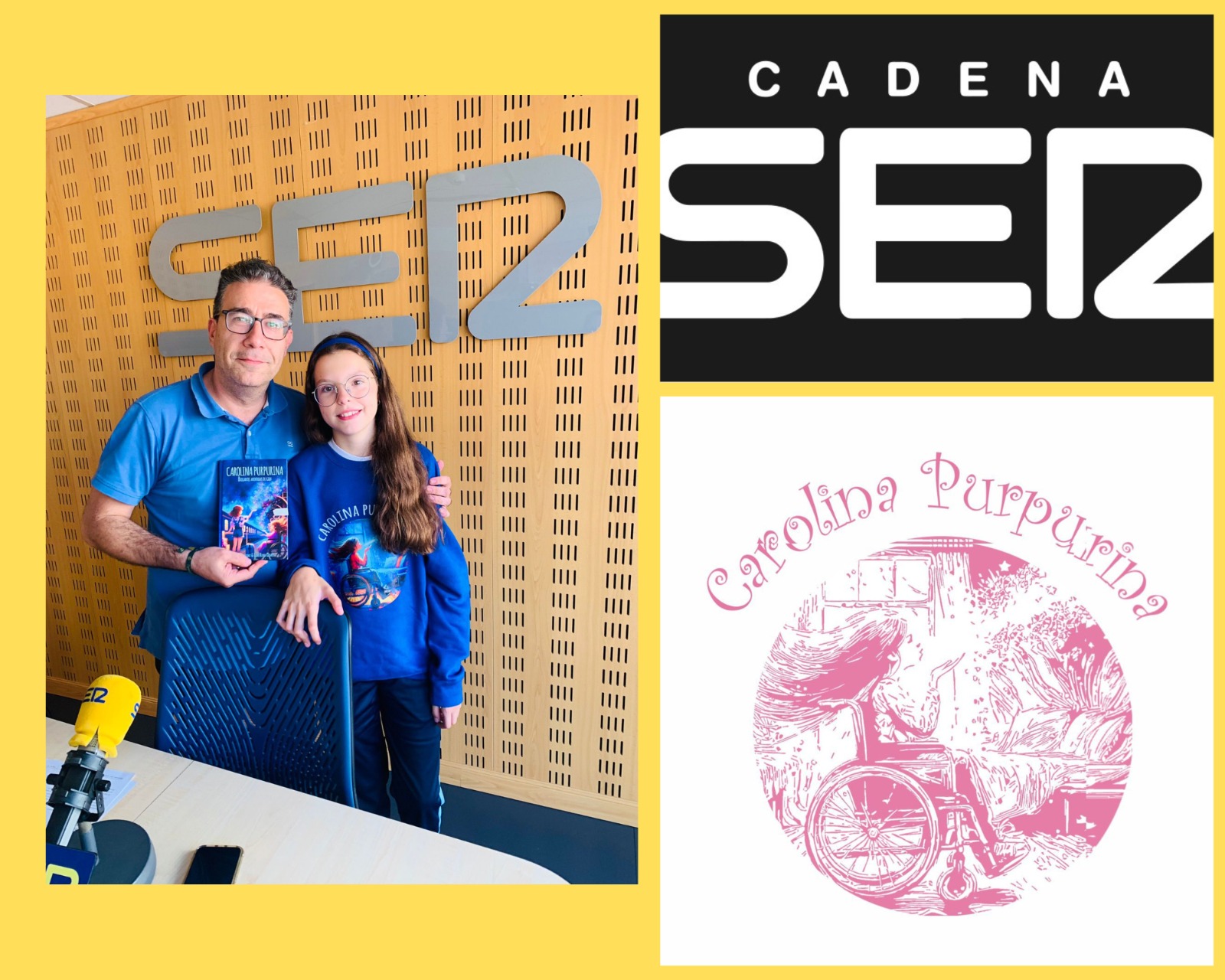 Isabel, con una felpa del libro, nello studio della Cadena SER accanto a un uomo che tiene «Carolina Purpurina».