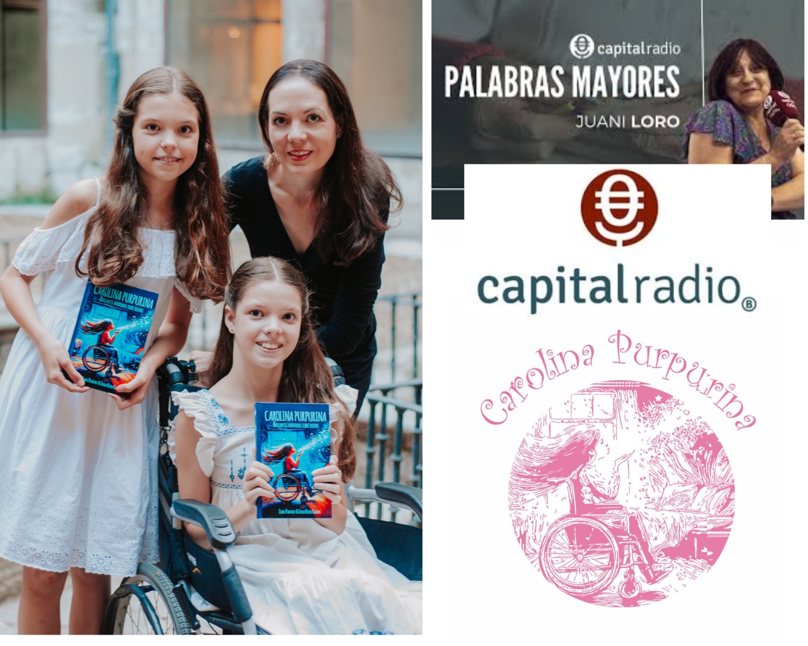 Fotomontaggio: due bambine con il libro «Carolina Purpurina», una in sedia a rotelle, e la locandina del programma «Palabras Mayores» di Capital Radio.