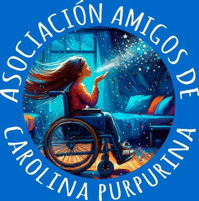 Logo dell'Asociación Amigos de Carolina Purpurina: una ragazza in sedia a rotelle soffia una manciata di glitter.