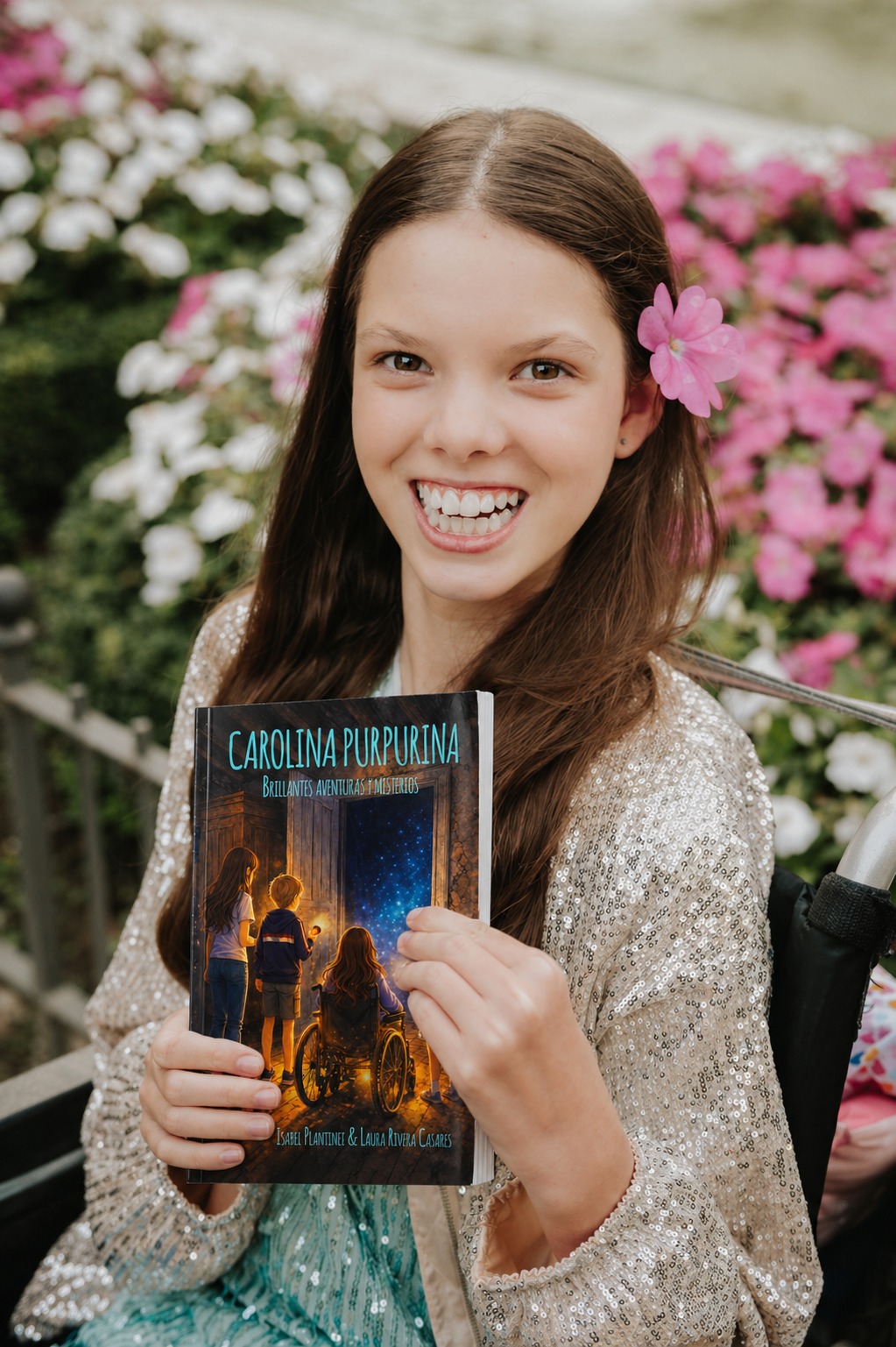 Isabel tiene «Carolina Purpurina. Brillantes aventuras y misterios» davanti a un'aiuola fiorita.
