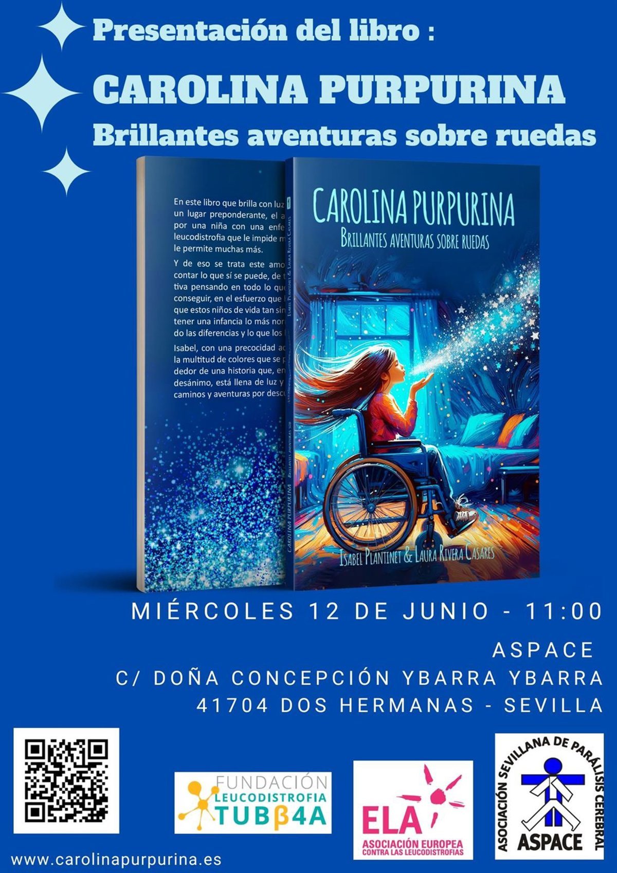 Locandina della presentazione del libro il 12 giugno alle 11 all’ASPACE di Dos Hermanas (Siviglia), con la copertina e i loghi degli enti.